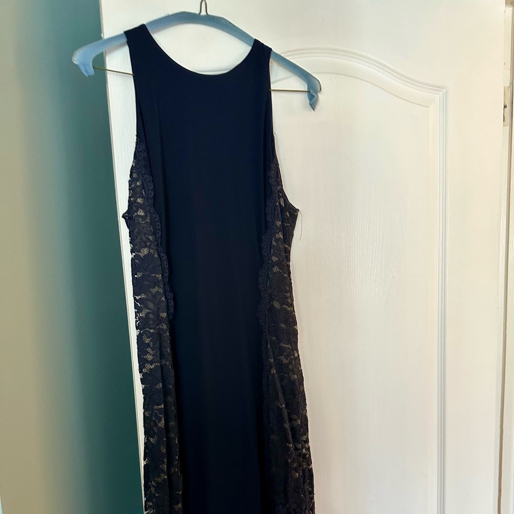 Navy Floor Length High Neck Dress with side mesh detail